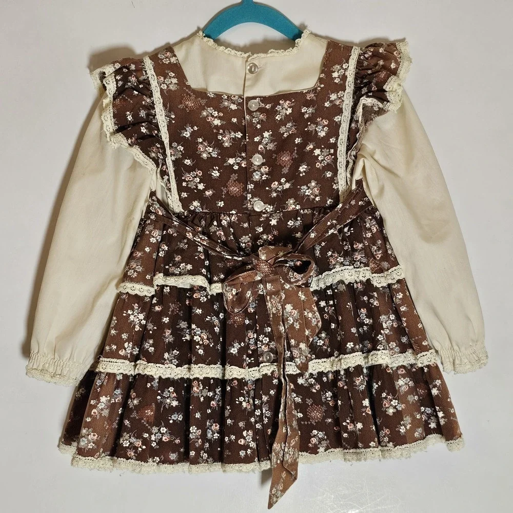 Vintage Dress Girls 6 Brown Floral Ruffle Lace Jumper Style Prairie Cottage Doll